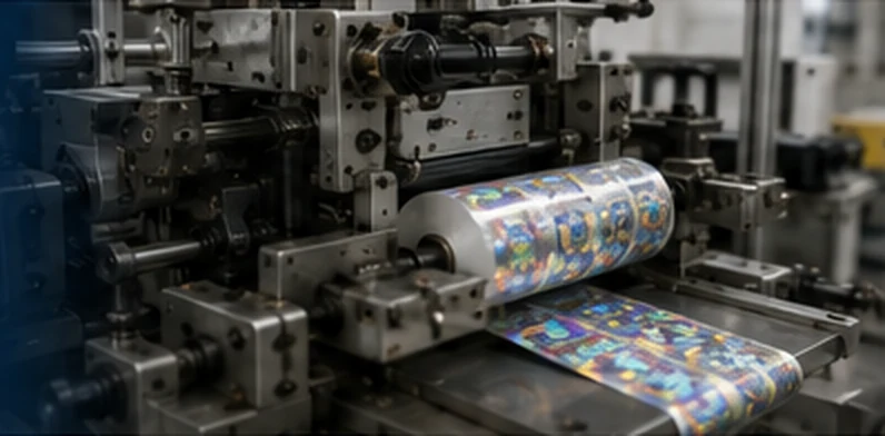 Security label roll moving through production machinery