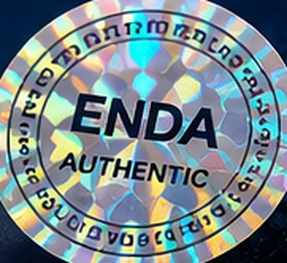 Close-up of a round holographic label