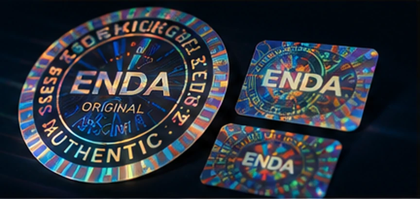 Holographic security labels reflecting light on a dark presentation surface